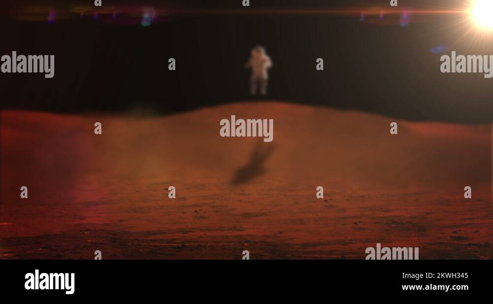 Astronaut Jumping on Mars Surface From Blur to Focus Red Flare, 4K