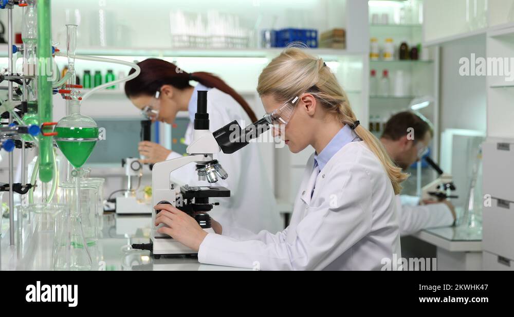 Team of Students Working on Microscope Laboratory Conversation Research Diseases Stock Video