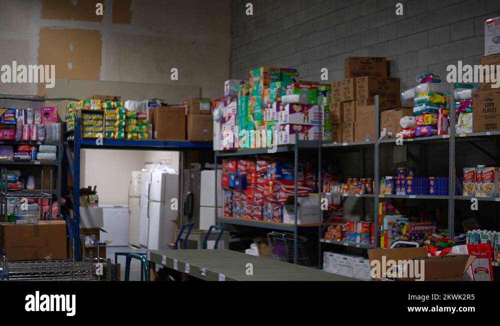 Footage of storage warehouse filled with nonperishable foods Stock