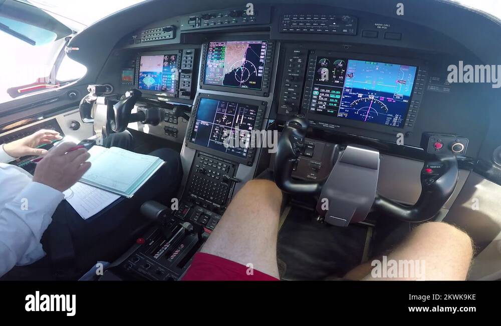 The automatic pilot controls the aircraft view from rist person Stock