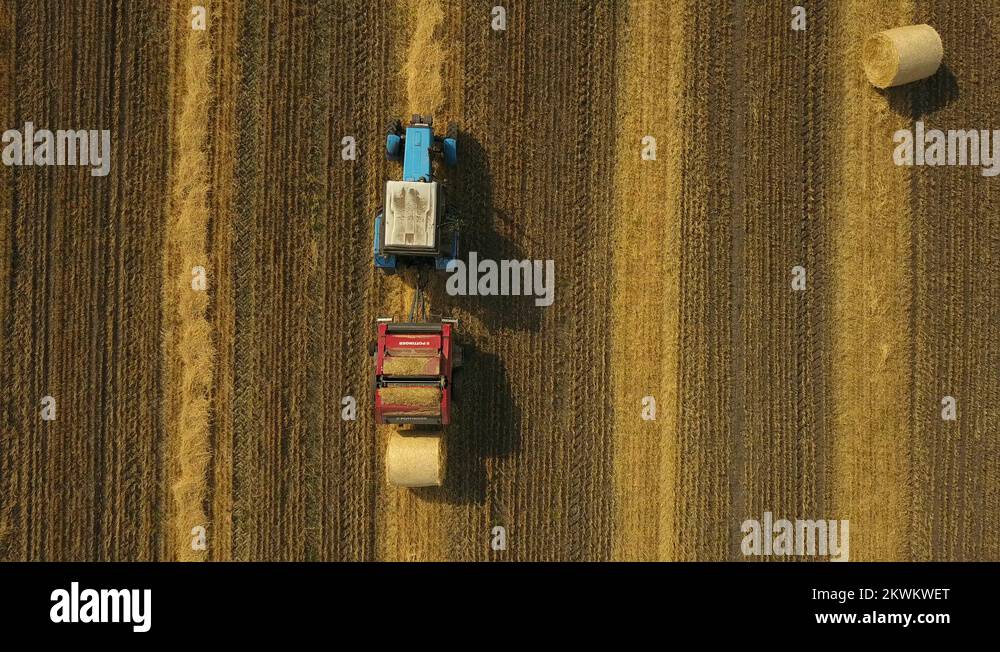 Top view: Tractor making cylindrical bundle of hay. Farm machine ...