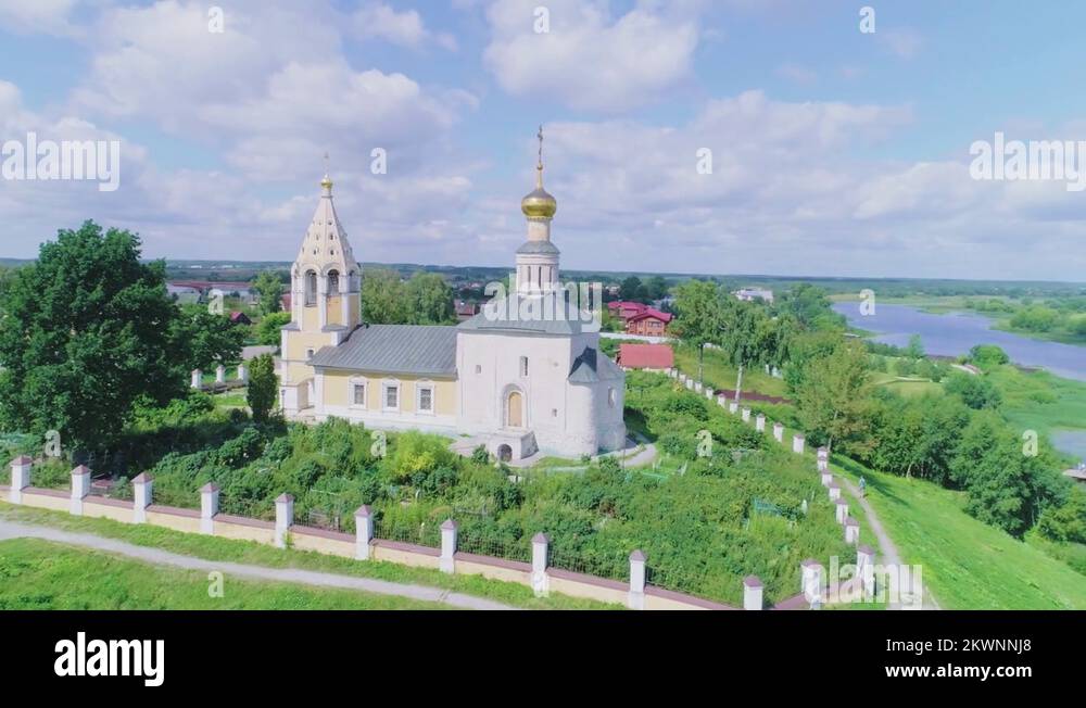 Church of the Nativity of the virgin in Gorodnya and Volga river Stock