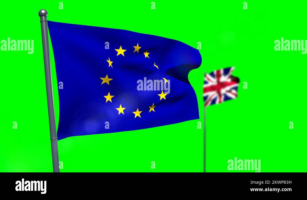 Union flag and European flag waving against green screen Stock Video
