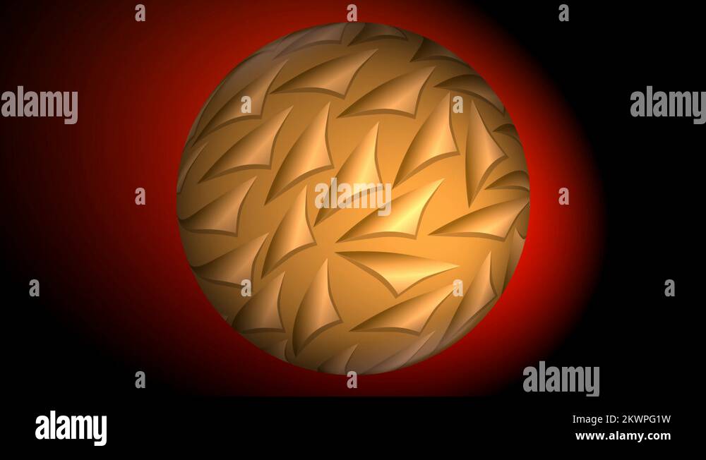 Gold sphere with 3d patterns rotating in red blurry light on black ...