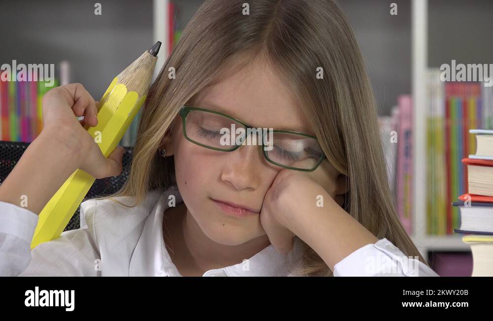 Student Child Sleeping at School Class Desk, Girl Asleep Studying in