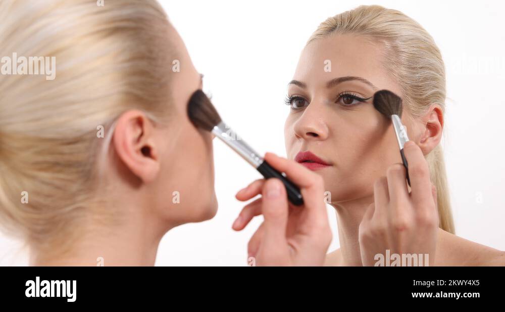 Beautiful Woman Looking Mirror Using Big Brush Face Cheeks Apply Powder