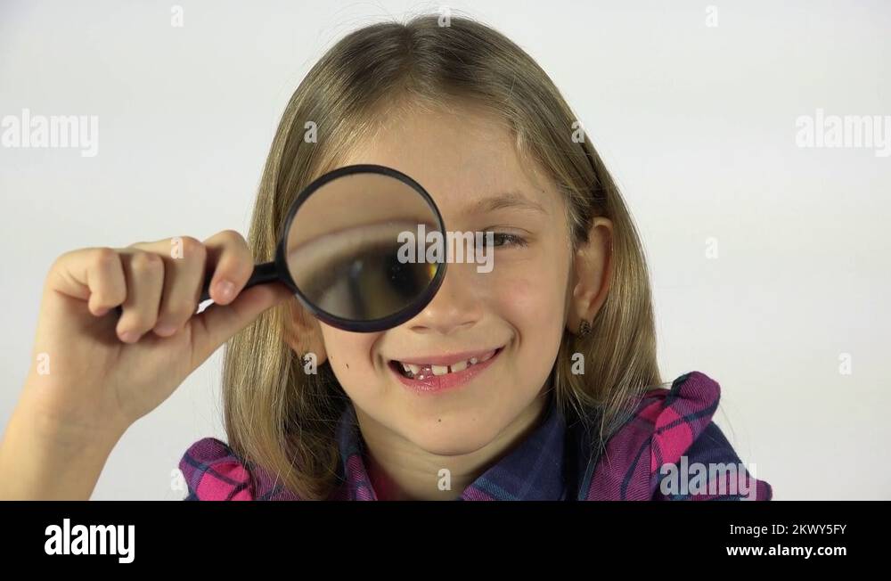 Child Playing with Magnifying Glass, Girl Eyes in Eyeglass, Kid Make
