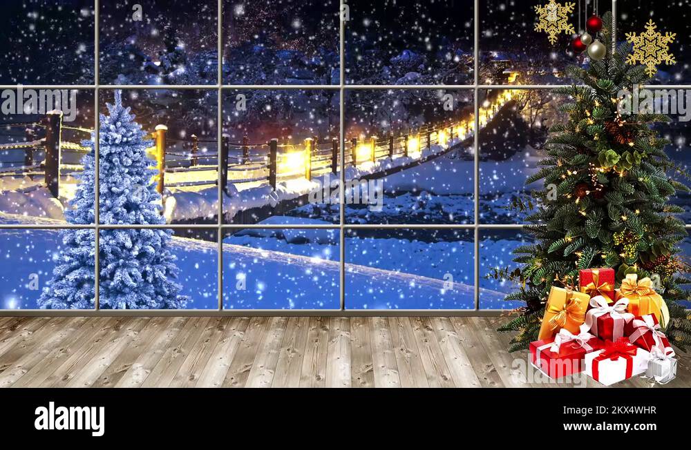 HD Christmas TV Virtual Studio Green Screen Background Snowflakes Stock