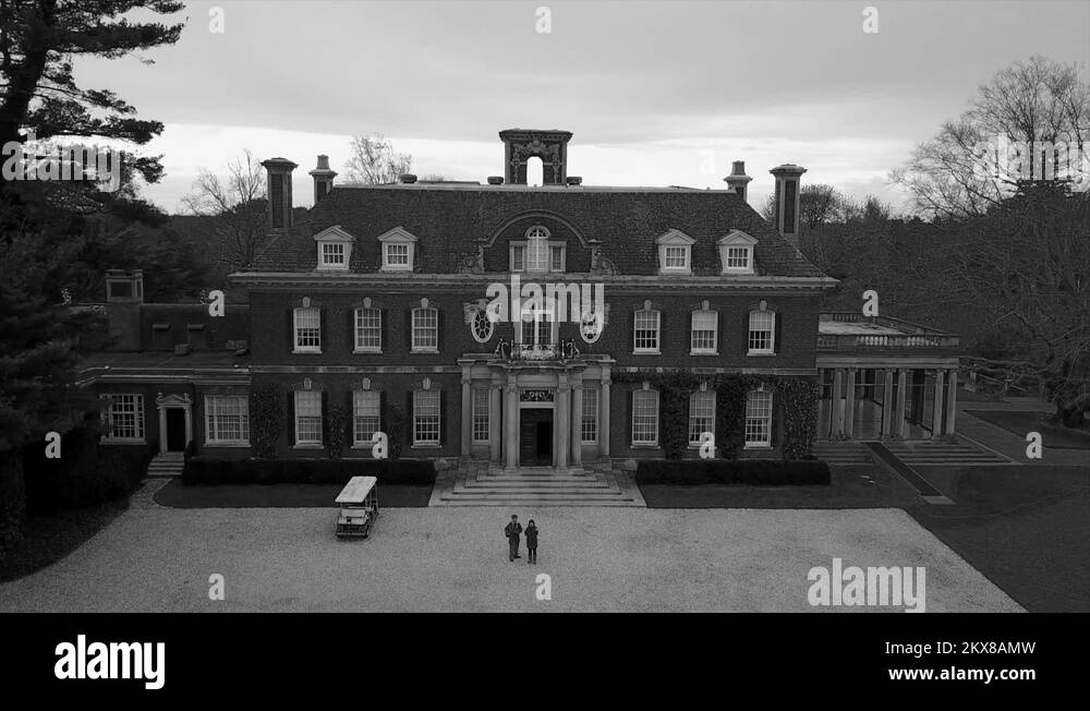 Old Westbury Gardens Estate Rising Crane Shot Black and White Stock