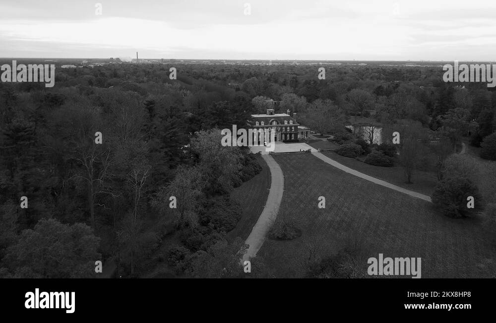 Far Away View of Old Westbury Gardens Estate Descending Crane Shot i