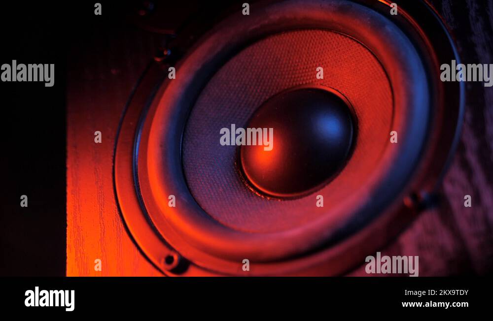 Loud Speaker in Action. Close up view of details loudspeaker woofer and