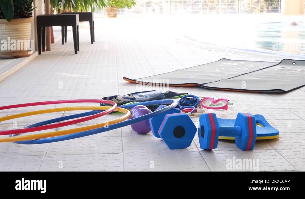 Equipment for water aerobics. Water aerobics. 4k Stock Video Footage