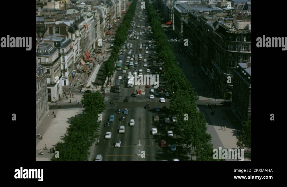 Traffic on the Champs Elysees, overhead atop the Arch of Triumph, Paris ...