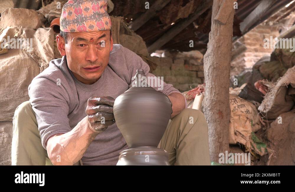 Nepali artist creates beautiful pottery on spinning wheel in Bhaktapur