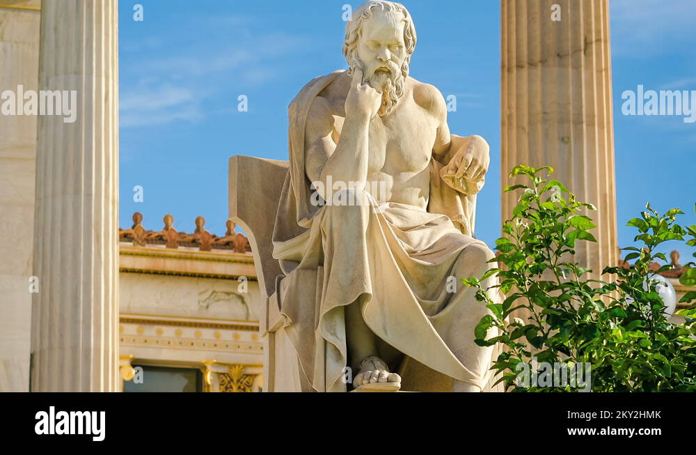 Greek philosopher Socrates on a marble chair, background of columns and