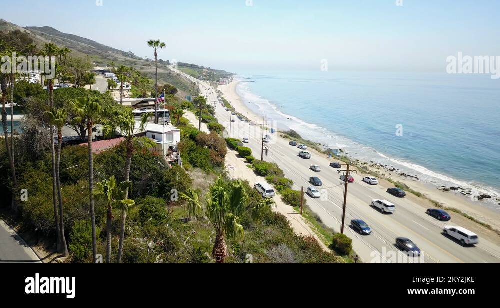 Cinematic PCH Malibu California Aerial Palm Trees Stock Video Footage