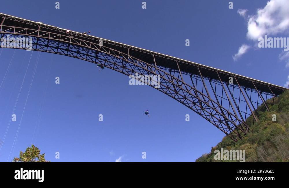 Base jumpers floating through the air under the New River Bridge