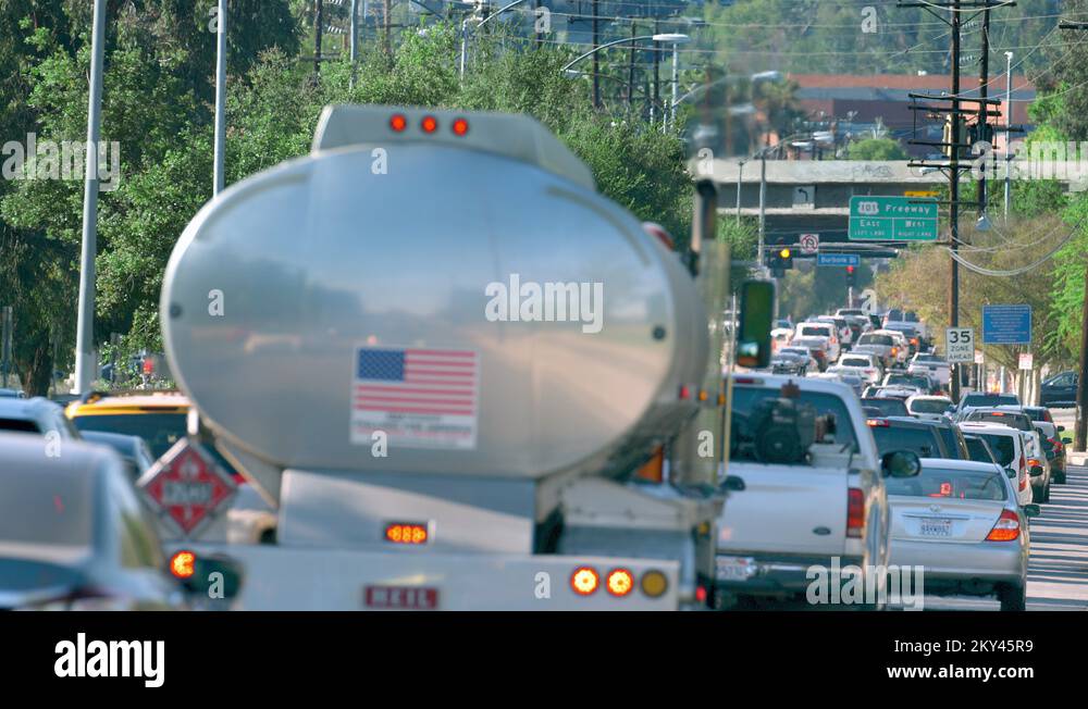 Gasoline tanker oil trailer truck during traffic jam, Los Angeles
