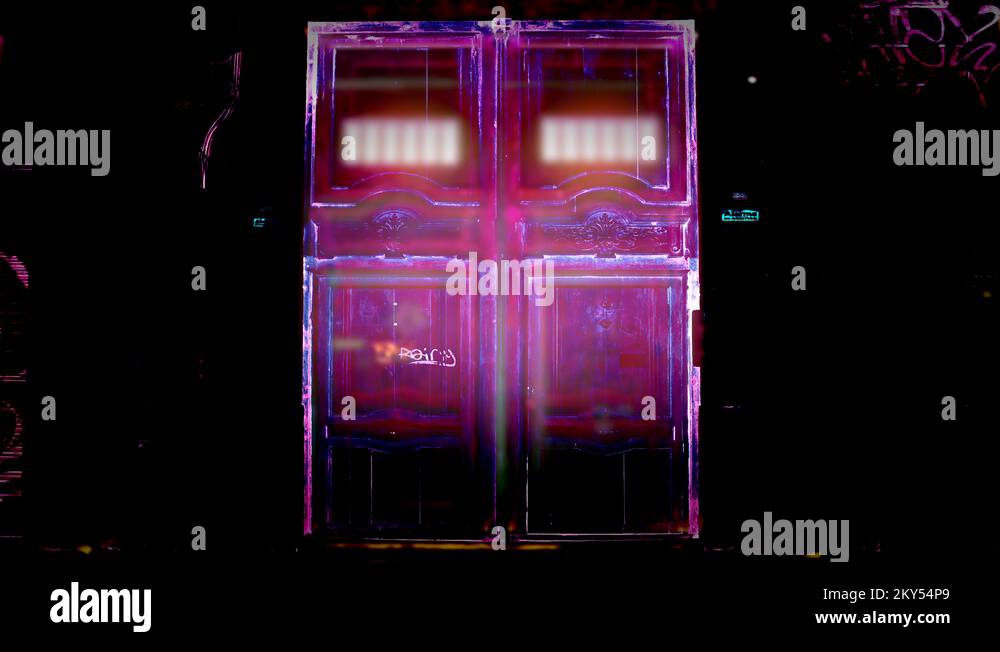 Glitch morph doors, colorful light trails, urban abstract neon fast