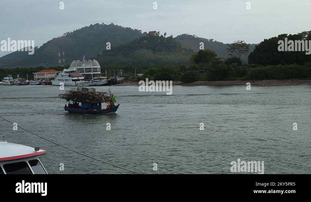 Ship Enter or Leaving Harbor, Port, Fishing Boat in Phuket Island, Thailand Stock Video Footage