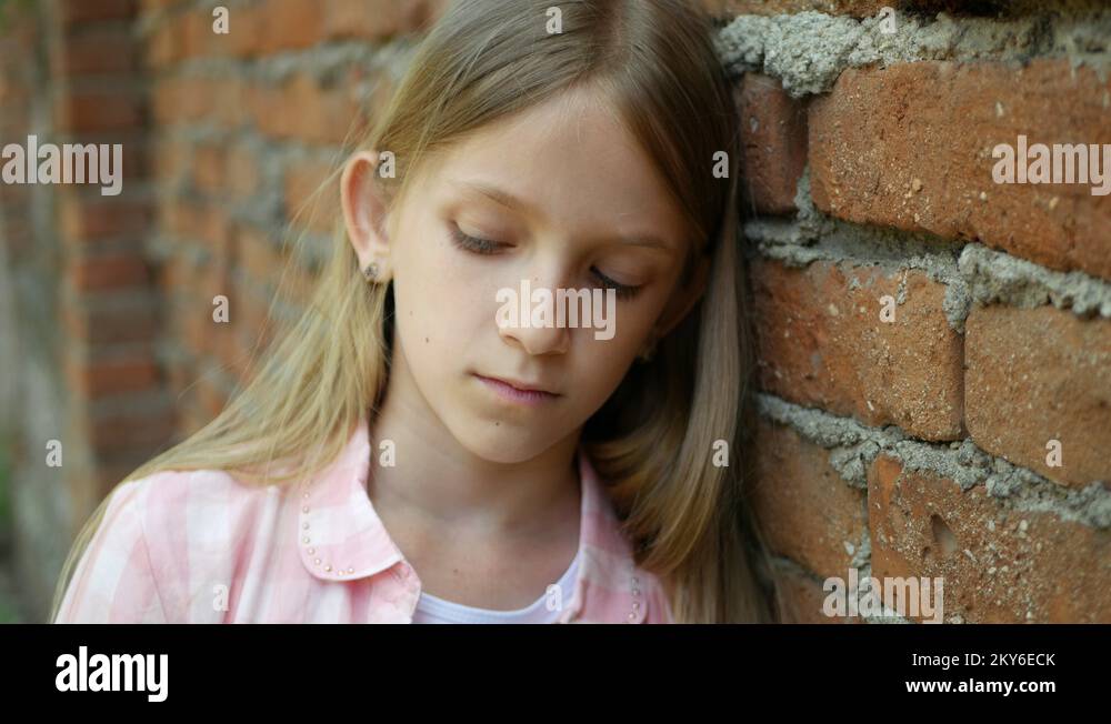 Sad Child Face Watching and Laughing, Bored Thoughtful Girl Portrait