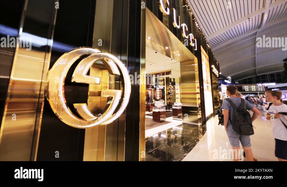 GUCCI shop in Duty Free. Front view and inside view. Ngurah Rai airport