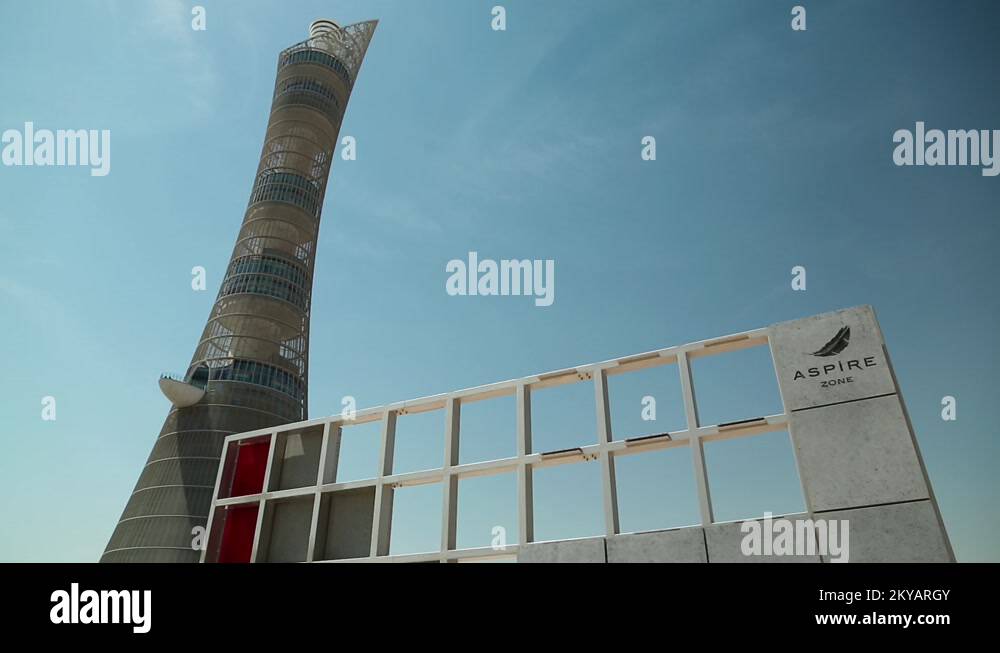 Torch tower and Khalifa stadium notice board in Aspire Zone, Doha