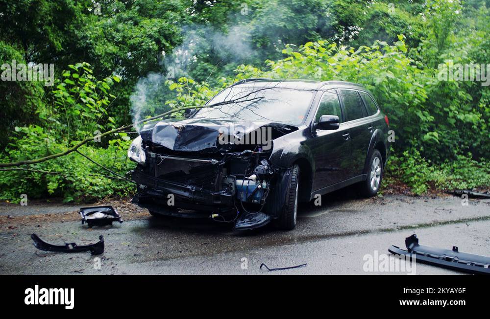 A broken car after an accident, smoke coming out from under the hood Stock Video Footage Alamy