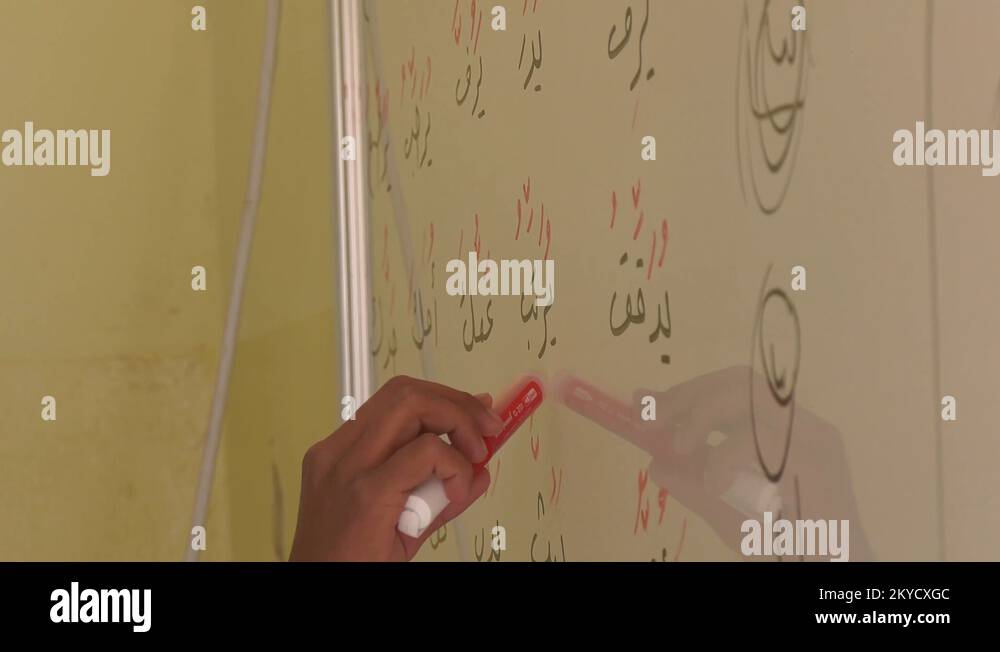 Pupil reading Arabic from whiteboard in school classroom, Syria Stock