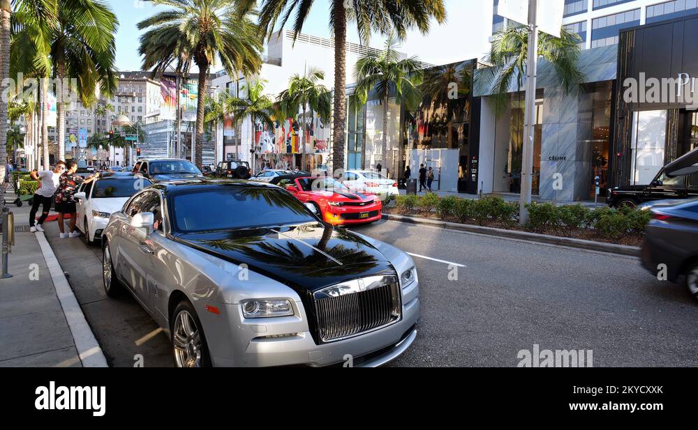 RollsRoyce and fashion stores on Rodeo Drive in Beverly Hills, Los