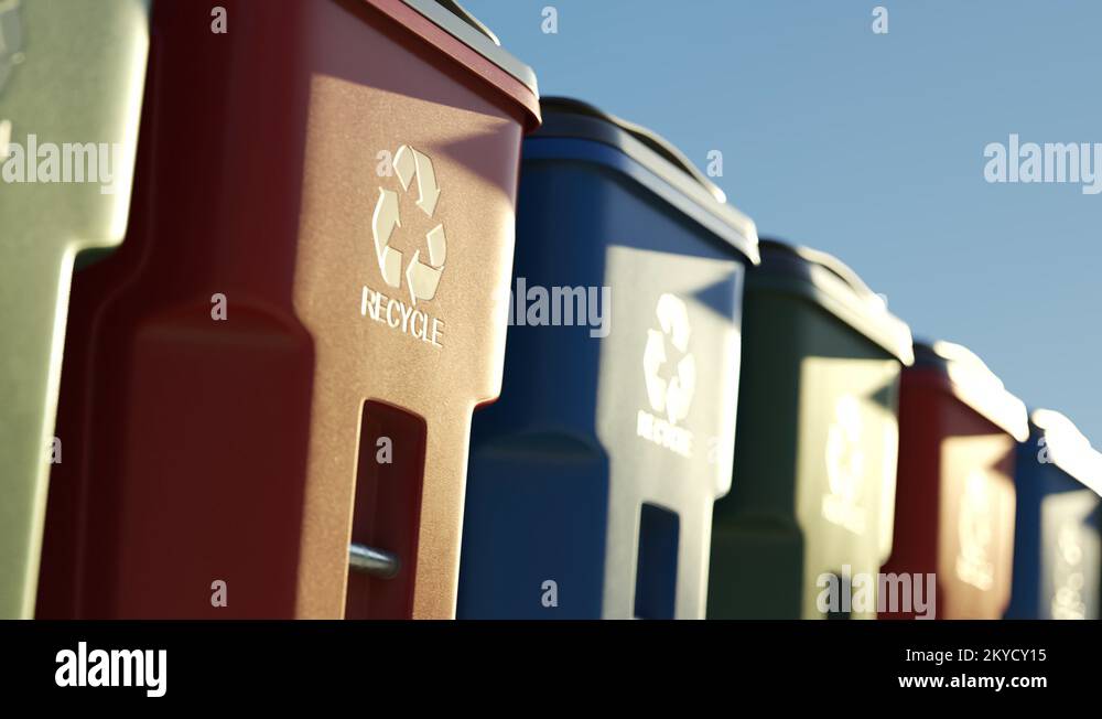 "Colorful plastic garbage bins stacked in a row against a clear sky