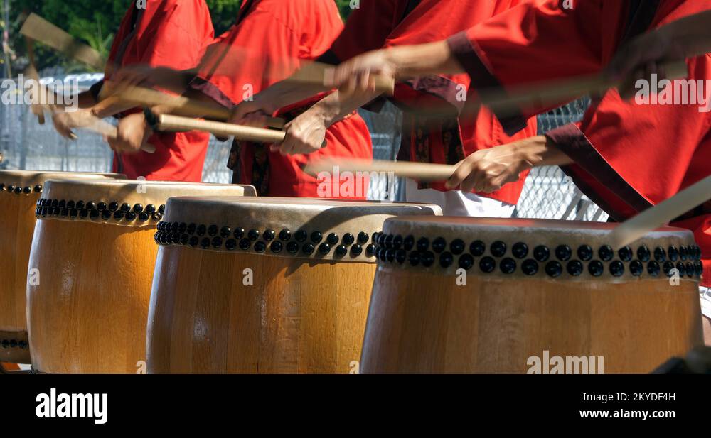 Japanese Taiko musicians play taiko drums at cultural festival in Los