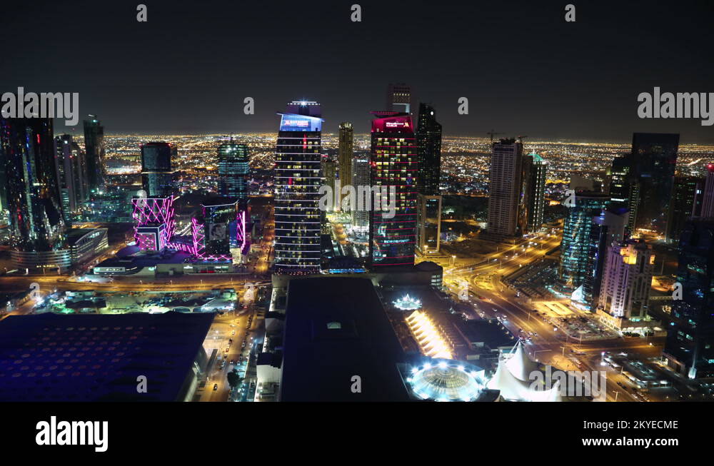 Night rooftop cityscape panorama timelapse of financial district in