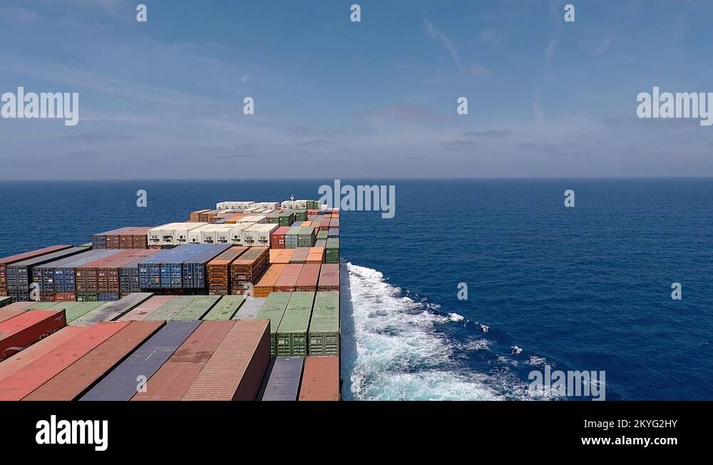 Container Onboard Onboard of huge Container ship or vessel during underway, right wing ...