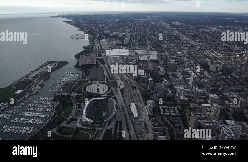 Chicago wide aerial view of Soldier Field with soft light in the