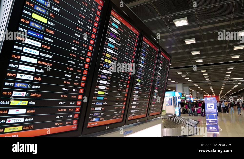 Information board inside arrival hall in international airport Bangkok ...