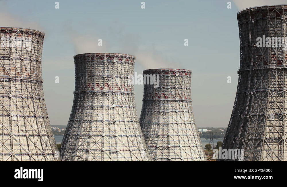 The cooling system of a nuclear reactor. Four cooling towers Stock