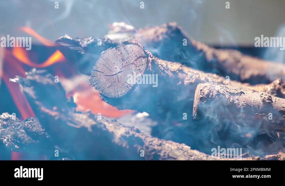 branches of cherry wood stacked in a barbecue burning bright red flames