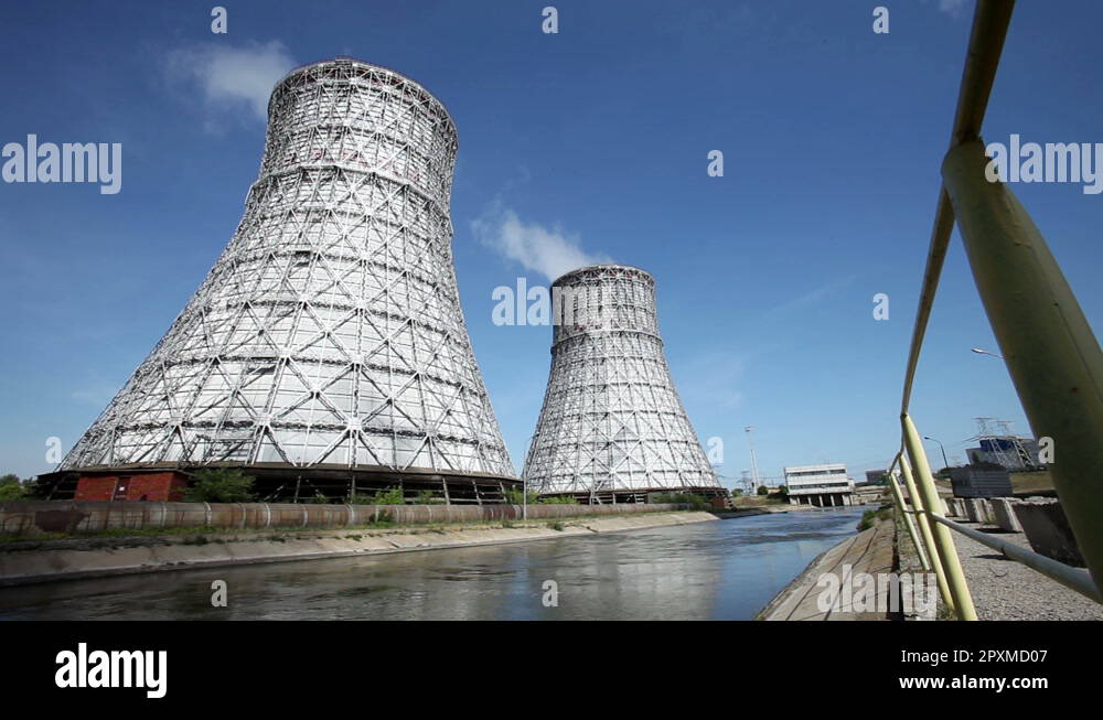 The cooling system of a nuclear reactor. Two cooling towers Stock Video