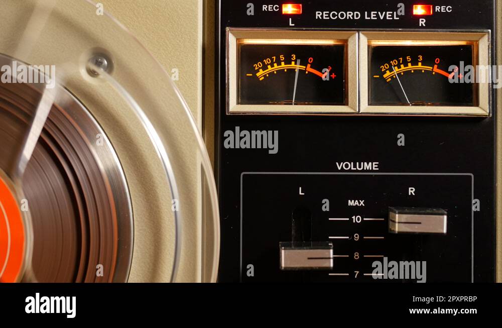 Analog vu meter of a vintage tape recorder machine while recording
