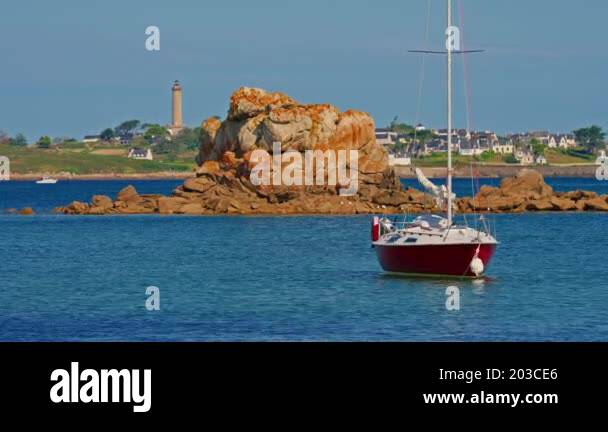 Yacht is anchored in the bay of Finistere, Brittany, France Stock Video ...