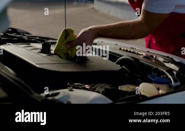 Car service technician checks oil level in engine using dipstick ...