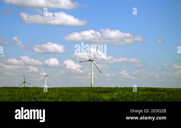 Three wind turbines standing in lush green wheat field with bright blue ...