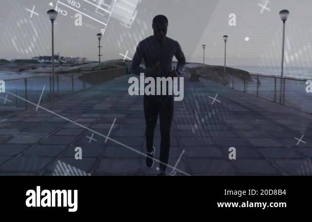 Running on paved path, man with fitness data animation overlaid ...