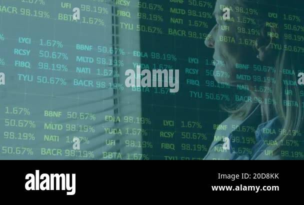 Financial data processing animation over person in office with green ...