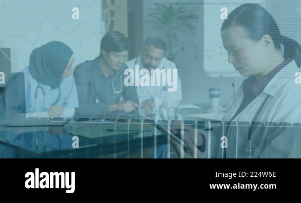 Medical data analysis animation over doctors discussing in meeting room ...