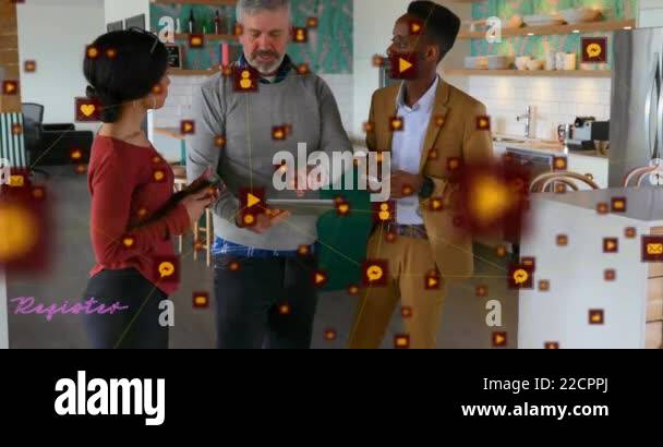 Animation of network of connections with icons over diverse colleagues ...