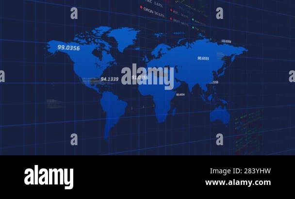 A digital world map displays various data points, with copy space. It's ...