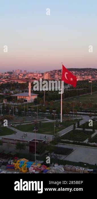 Turkish flag displayed in the park by the sea, national symbols of ...