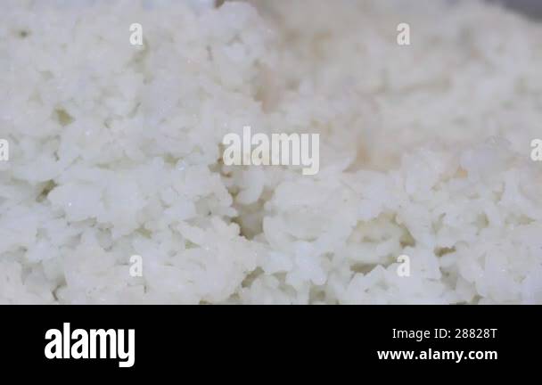A close up of freshly cooked steaming white rice being scooped with a ...
